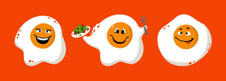 Cute fried egg cartoon character isolated on white background vector illustration. Funny fast food menu emoticon face icon. Happy smile cartoon face food, comical scrambled egg animated mascot symbolのイラスト素材
