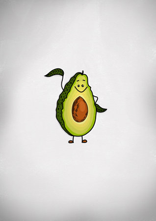 Cute happy avocado character. Funny smiling avocado cartoon emoticon in flat style. Fruit emoji...