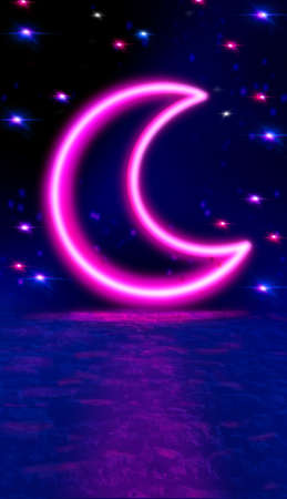 Reflection of neon light in the puddles of the night city. Neon moon in the center, magical glow, light, rays, smoke. Empty night street. Moon, stars.の写真素材