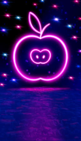 Ultraviolet neon star shape, glowing lines, publication in history. A virtual reality. Arcade game background. Purple neon shapes. A pink-blue. Laser show background. Neon apple hovered in the air.の写真素材