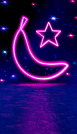 Ultraviolet neon banana shape, glowing lines, publication in history. A virtual reality. Arcade game background. Purple neon shapes. Laser show background. Neon sign. Fruits.の写真素材