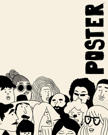 Vector poster with faces. Crowd of people. Faces collection. People faces vector collage. Outline people. Face avatars. Men and women. Various haircuts. Familiesのイラスト素材