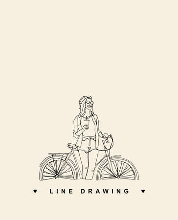 Girl on a bike. Athletic woman. Young girl drinking coffee line drawing. Woman on a bicycle. Vector line drawing.のイラスト素材