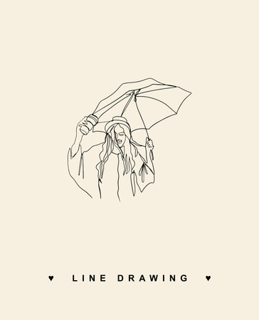 Woman under an umbrella. Walk in the rain. Vector line drawing. Woman line drawing.のイラスト素材
