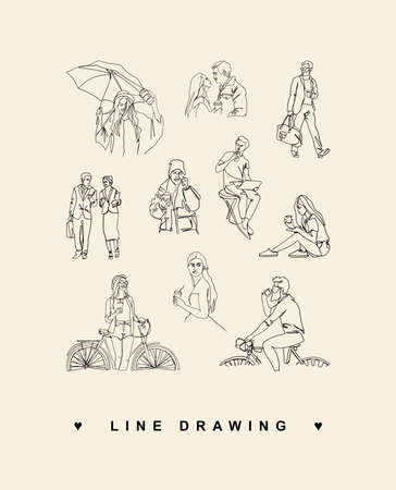 Line drawing of people on the street. Businessmen, athletes, brides, colleagues, lovers, cyclists. Vector monochrome poster with young people.のイラスト素材