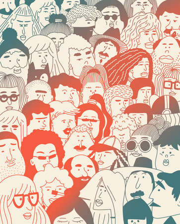 Diversified face of people. Various people doodle. Old and young age. Happy emotions. Portrait with a positive facial expression. Standout person from the crowd. Hand drawn doodle sketch. Landing page.の写真素材