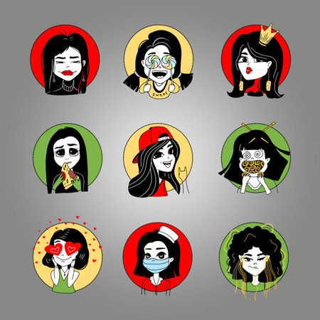 Stickers with portraits of girls. Emotions of women. Vector faces illustration.