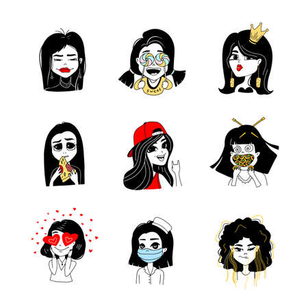 Stickers with portraits of girls. Emotions of women. Vector illustration. Portraits of girls on a white background.のイラスト素材