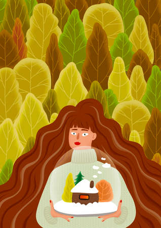 Girl walking in the woods one illustration. Snowy house. The magic is in the hands. Forest background.の写真素材