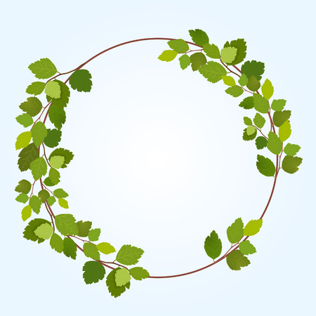 Beautiful greeting card with a wreath of spring leaves on blue backgroundのイラスト素材
