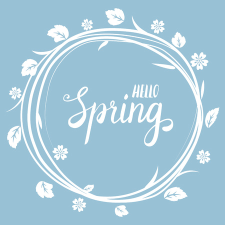Beautiful spring greeting card with a wreath of branches with white flowers on a blue background and lettering. Vector illustration.のイラスト素材