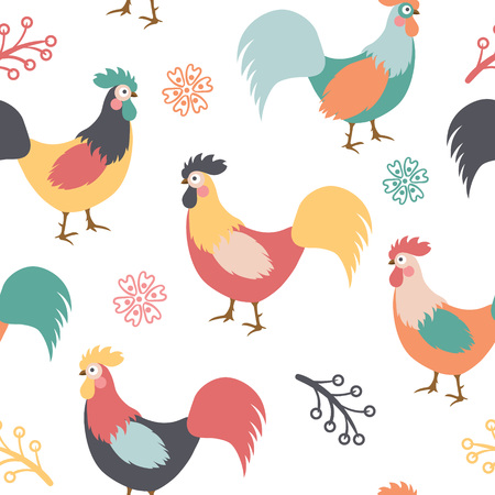 Beautiful pattern with roosters, branches and flowers on white background. Vector illustrationのイラスト素材