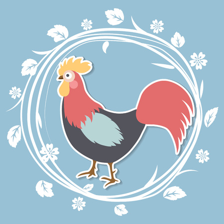 Beautiful greeting card with rooster and a wreath of branches with white flowers on a blue background. Vector illustration.のイラスト素材