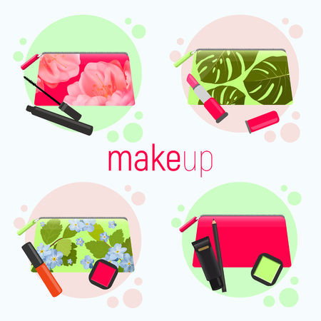 Bright cosmetic bags with different beautiful patterns - roses, tropical leaves. Cosmetic bags with tools for professional make-up: lipstick, mascara,eyeliner, foundation. Vector illustration.のイラスト素材