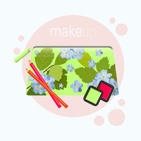 Cosmetic bag with a pattern of spring flowers. Cosmetic bag with tools for professional make-up: eyeshadow and cosmetic pencil. Vector illustration.のイラスト素材