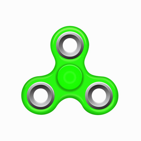 Hand fidget spinner green toy - stress and anxiety relief. Green colorful spinner on a white background. Modern children's toy - green spinner.のイラスト素材
