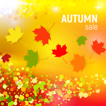 Vector autumn sale background with red, orange, green and yellow falling autumn leaves and circles on a orange background. Autumn sale background with colorful leaves. Vector illustration.のイラスト素材