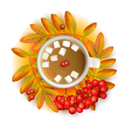 Cup of coffee with marshmallow with realistic 3d mesh rowan branches with ashberry on a orange background. Banner with cup of coffee with marshmallow. Vector illustrationのイラスト素材