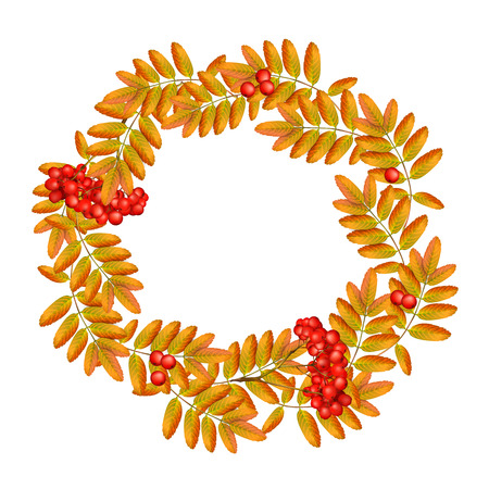 Autumn wreath with rowan, leaves and ashberry isolated on white background. Beautiful greeting card with a wreath of realistic 3d mesh rowan branches with ashberry on white background. Vector illustrationのイラスト素材
