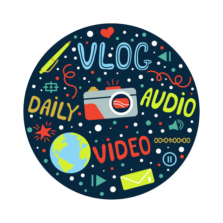 Vlog or video blogging or video channel set with handdrawn elements. Vector illustration made in doodle style, colourful design. Poster or t-shirt design.のイラスト素材