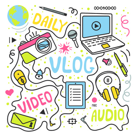Vlog or video blogging or video channel set with handdrawn elements. Vector illustration made in doodle style, colourful design.の写真素材