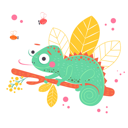 Cute green chameleon sitting on the orange branch with light yellow leaves on background, vector illustration. Art poster for nursery or kids room poster.のイラスト素材