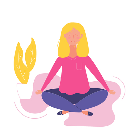 Women doing yoga and meditating visiting in a lotus pose illustration in vector.のイラスト素材