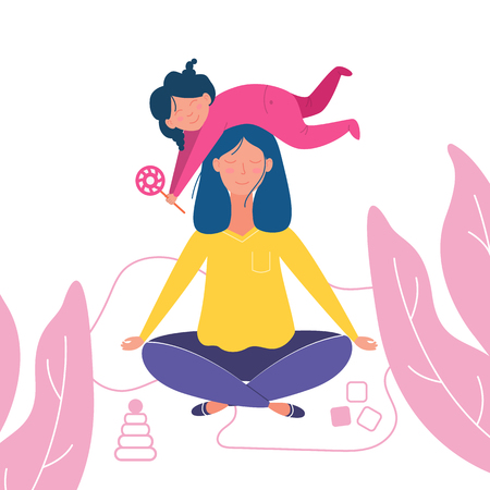 Mother doing yoga and meditating visiting in a lotus pose with a cute naughty daughter on her head. Illustration in vector.のイラスト素材