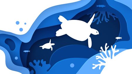 Underwater world. Paper art underwater ocean concept with turtles silhouette. Paper cut sea background with tortoise, waves, fish and coral reefs. Save the ocean. Craft vector illustration.のイラスト素材