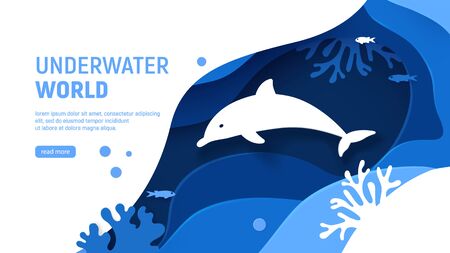 Underwater world page template. Paper art underwater world concept with dolphin silhouette. Paper cut sea background with dolphin, waves, fish and coral reefs. Craft vector illustration.のイラスト素材