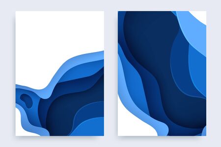 Paper cut banners set with 3D slime abstract background and blue waves layers. Abstract layout design for brochure and flyer. Paper art vector illustration.のイラスト素材