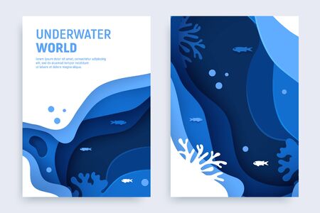 Underwater ocean abstract paper art background set. Paper cut underwater background with wave and coral reefs. Save the ocean concept. Craft vector illustration.のイラスト素材
