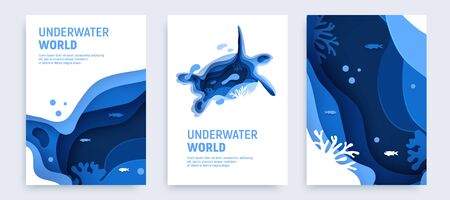 Underwater ocean abstract paper art background set. Paper cut underwater background set with turtle silhouette, fish, wave and coral reefs. Save the ocean concept. Craft vector illustration.のイラスト素材