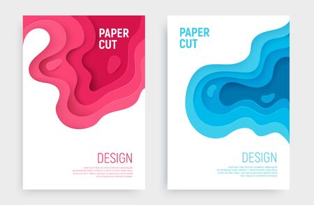 Paper cut banner set with 3D slime abstract background and blue, pink waves layers. Abstract layout design for brochure and flyer. Paper art vector illustration.のイラスト素材
