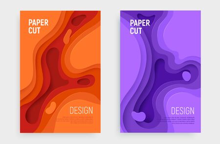 Paper cut banner set with 3D slime abstract background and orange, purple waves layers. Abstract layout design for brochure and flyer. Paper art vector illustration.のイラスト素材