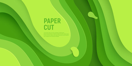 Green paper cut banner with 3D slime abstract background and green waves layers. Abstract layout design for brochure and flyer. Paper art vector illustration.のイラスト素材
