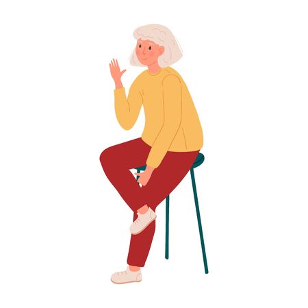A young girl is sitting on a high chair and waving hello. Smiling woman isolated on white background. Girl resting on a chair. Vector illustration.のイラスト素材