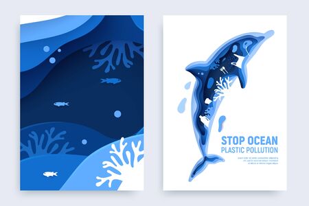 Ocean plastic pollution banner set with dolphin silhouette. Paper cut dolphin with plastic rubbish, fish, bubbles and coral reefs isolated on white background. Paper art vector illustration.のイラスト素材