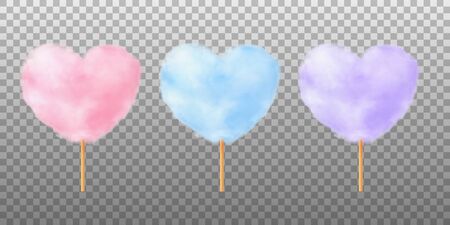 Heart shape cotton candy set. Realistic pink blue purple heart shape cotton candies on wooden sticks. Summer tasty children snack . 3d vector realistic illustration isolated on transparent background.のイラスト素材