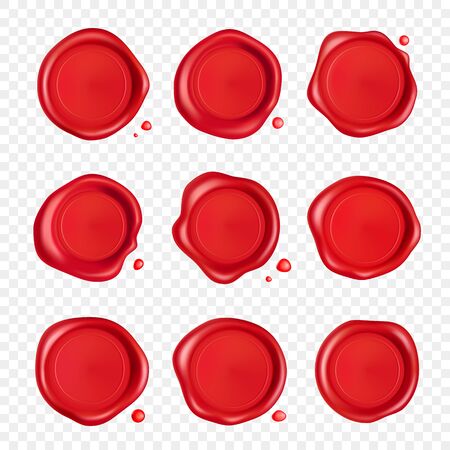 Wax seal collection. Red stamp wax seal set with drops isolated on transparent background. Realistic guaranteed red stamps. Realistic 3d vector.のイラスト素材