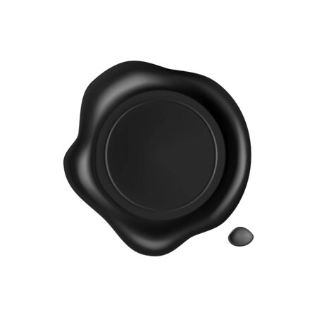 Black wax seal. Black stamp wax seal with drops isolated on white background. Realistic guaranteed stamps. Realistic 3d vector icon.のイラスト素材