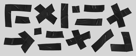 Black duct tape set. Realistic black adhesive tape pieces for fixing isolated on grey background. Scotch arrow, cross, corner and paper glued. Realistic 3d vector illustration.のイラスト素材