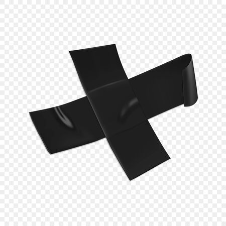 Black duct tape cross. Realistic black adhesive tape cross for fixing isolated on transparent background. Scotch cross. Realistic 3d vector illustration.のイラスト素材