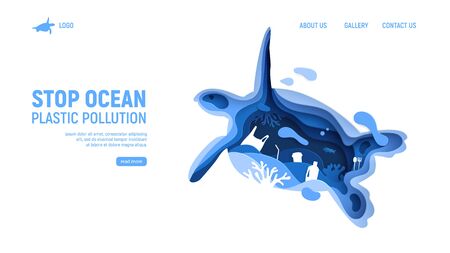 Ocean plastic pollution page template with turtle silhouette. Paper cut tortoise with plastic rubbish, fish, bubbles and coral reefs isolated on white background. Paper art vector illustration.のイラスト素材