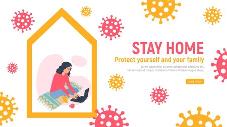 Working at home concept. Young girl working on a laptop at her home office in quarantine. Flatten the curve an outbreak of the COVID-19 virus. Social distance concept. Vector illustration.のイラスト素材