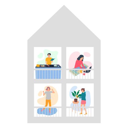 Stay home concept. People in quarantine at their home cooking food, dancing to music, working on a laptop, watering flowers. Flatten the curve COVID-19 virus. Social distance. Vector illustration.のイラスト素材
