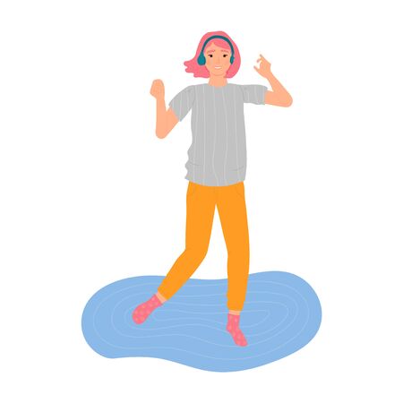 Stay home concept. Young girl in headphones dancing to the music at her home in quarantine. Flatten the curve an outbreak of the COVID-19 virus. Social distance concept. Vector illustration.のイラスト素材