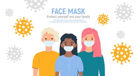 Children with medical masks on faces to protect their against coronavirus covid-19, 2019-nCov isolated on white background. Kids virus protection concept. Stay safe. Vector illustration.のイラスト素材