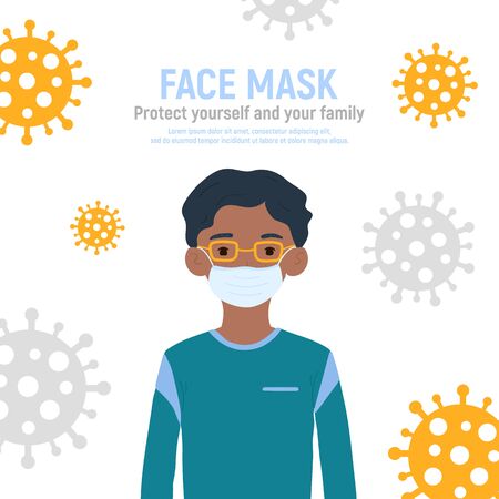 Boy with medical mask on face to protect him against coronavirus covid-19, 2019-nCov isolated on white background. Kids virus protection concept. Stay safe. Vector illustration.のイラスト素材