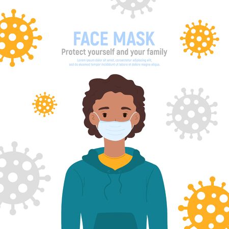 Boy with medical mask on face to protect him against coronavirus covid-19, 2019-nCov isolated on white background. Kids virus protection concept. Stay safe. Vector illustration.のイラスト素材